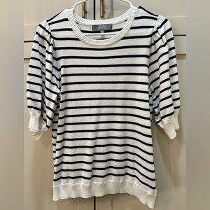 White & Black Striped Puff-Sleeve Top-L